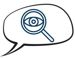 A speech bubble with a graphic of a magnifying glass with an eye in it that links to the Stalking Resources page