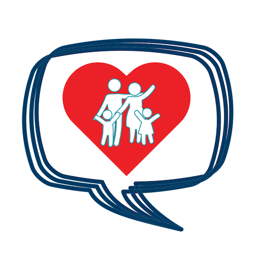 Speech bubble button with picture of a family over a red heart, clicking will lead to Children's Advocacy Center resources