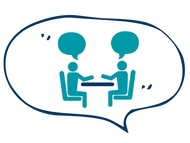 Speech bubble button with picture of two people talking across a table, clicking will lead to Our Role resources