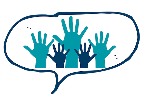 Speech bubble button with picture of teal and blue raised hands, clicking will lead to information about MECASA's staff